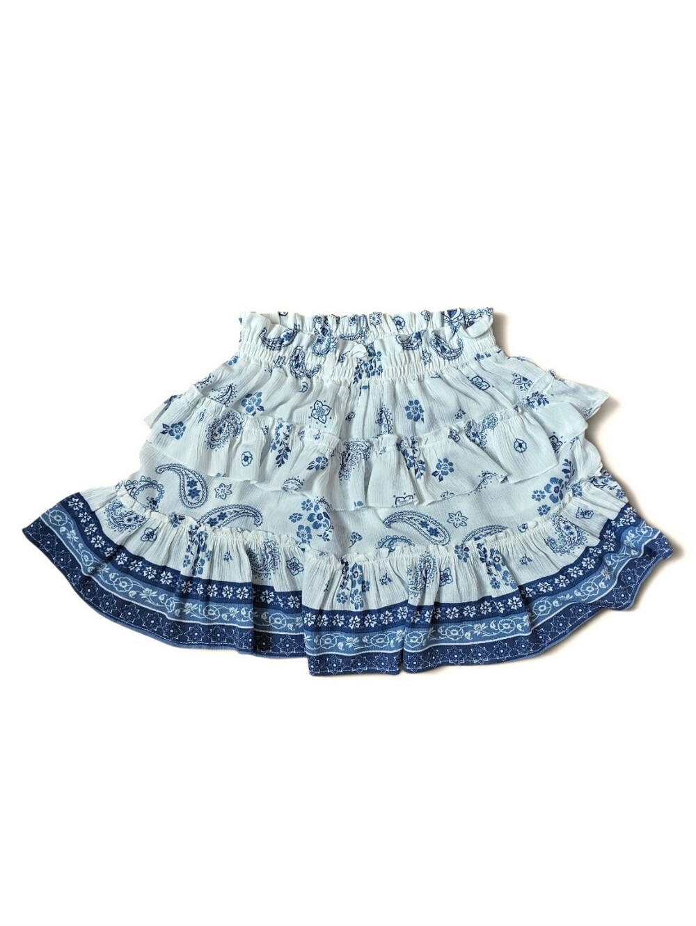 Pookie & Sebastian Coastal Boho Blue Paisley Ruffled Women's Mini Skirt, Size S